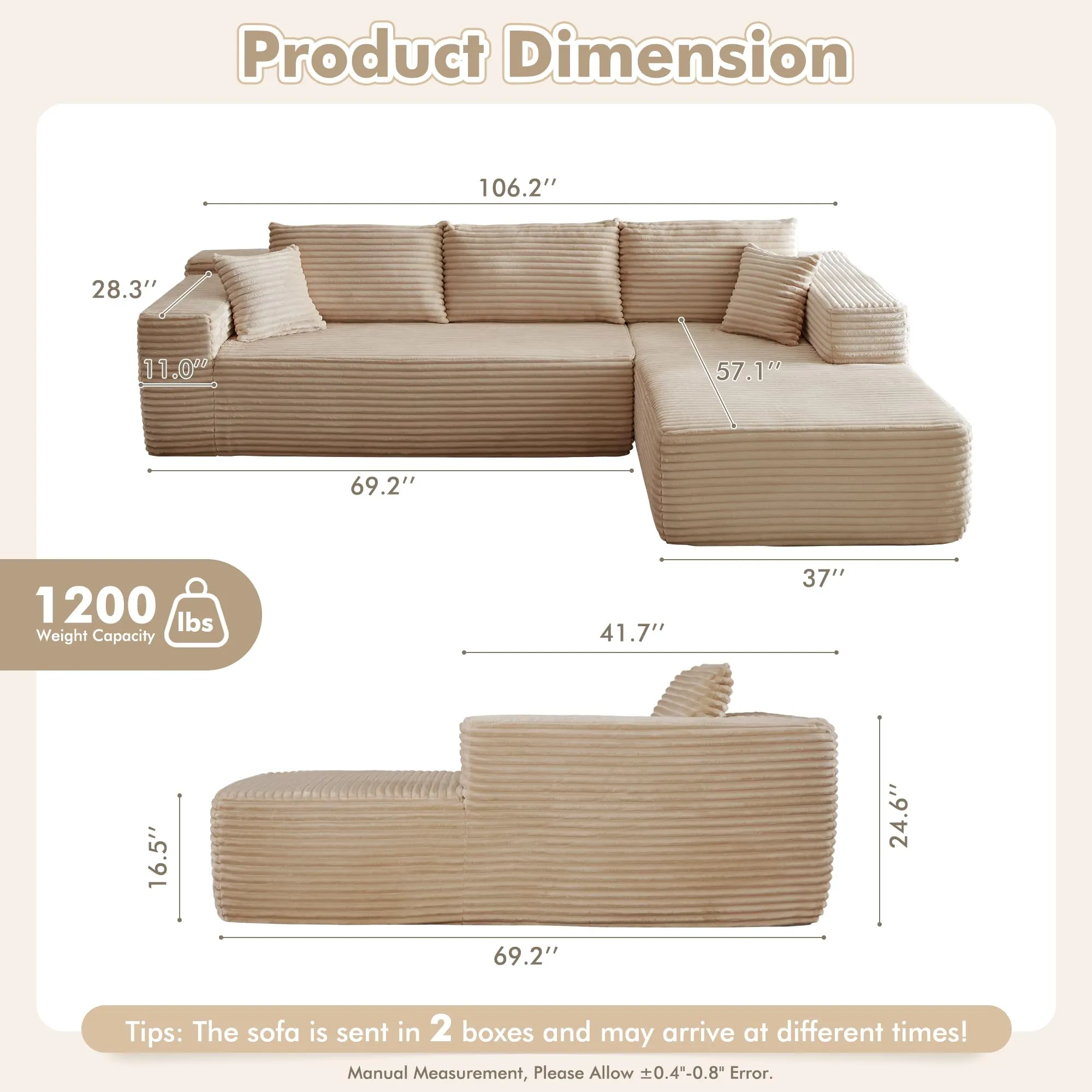 106" Cloud Sectional Couch with Chaise Longue,L Shaped Modular Modern Sofa,Comfy Corduroy Fluffy Couch with Deep Seat,No Assembly Required Couch for Living Room(Right,Plush Corduroy,Beige)