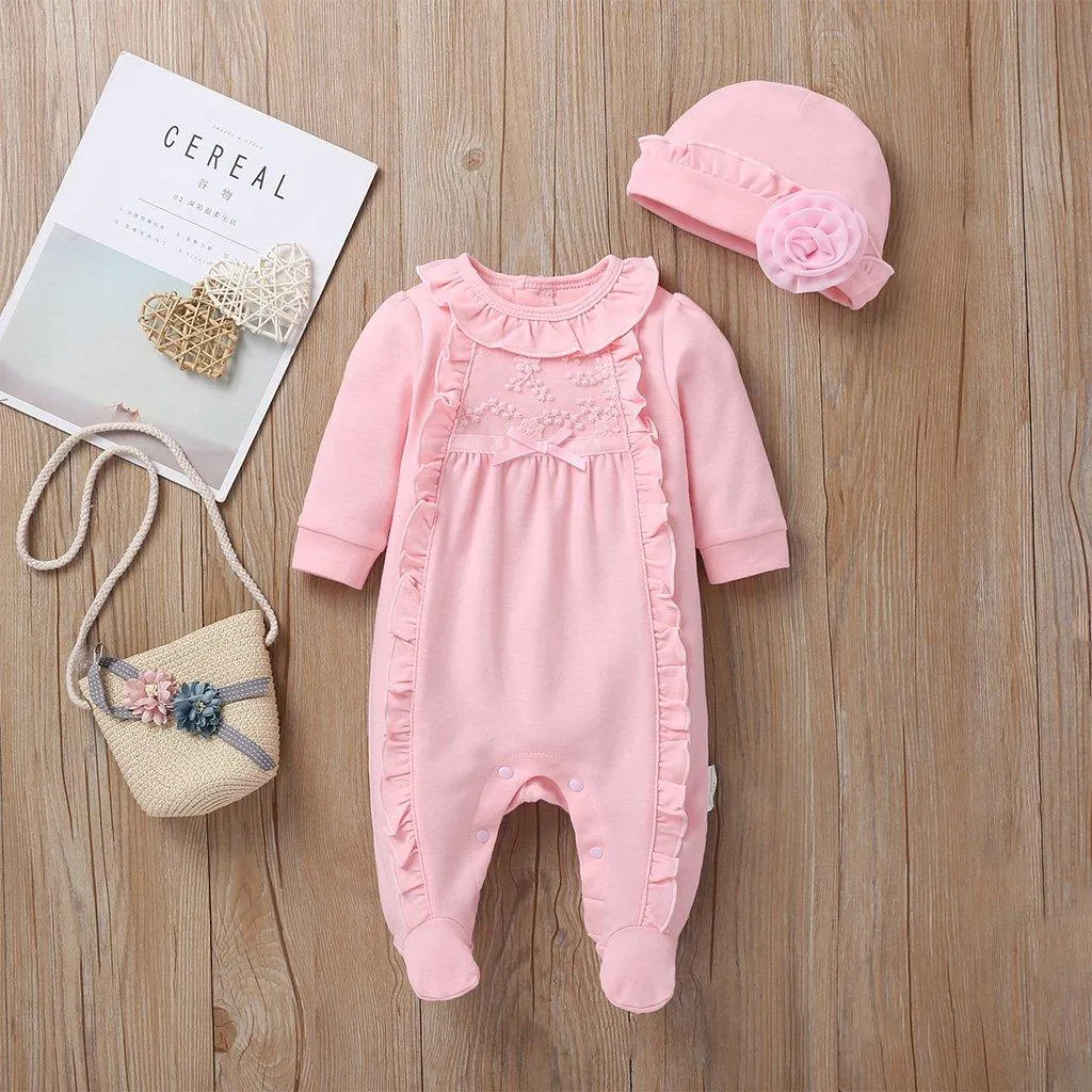 2-Piece Long-Sleeve Embroidered Jumpsuit and Hat Children's clothing wholesale