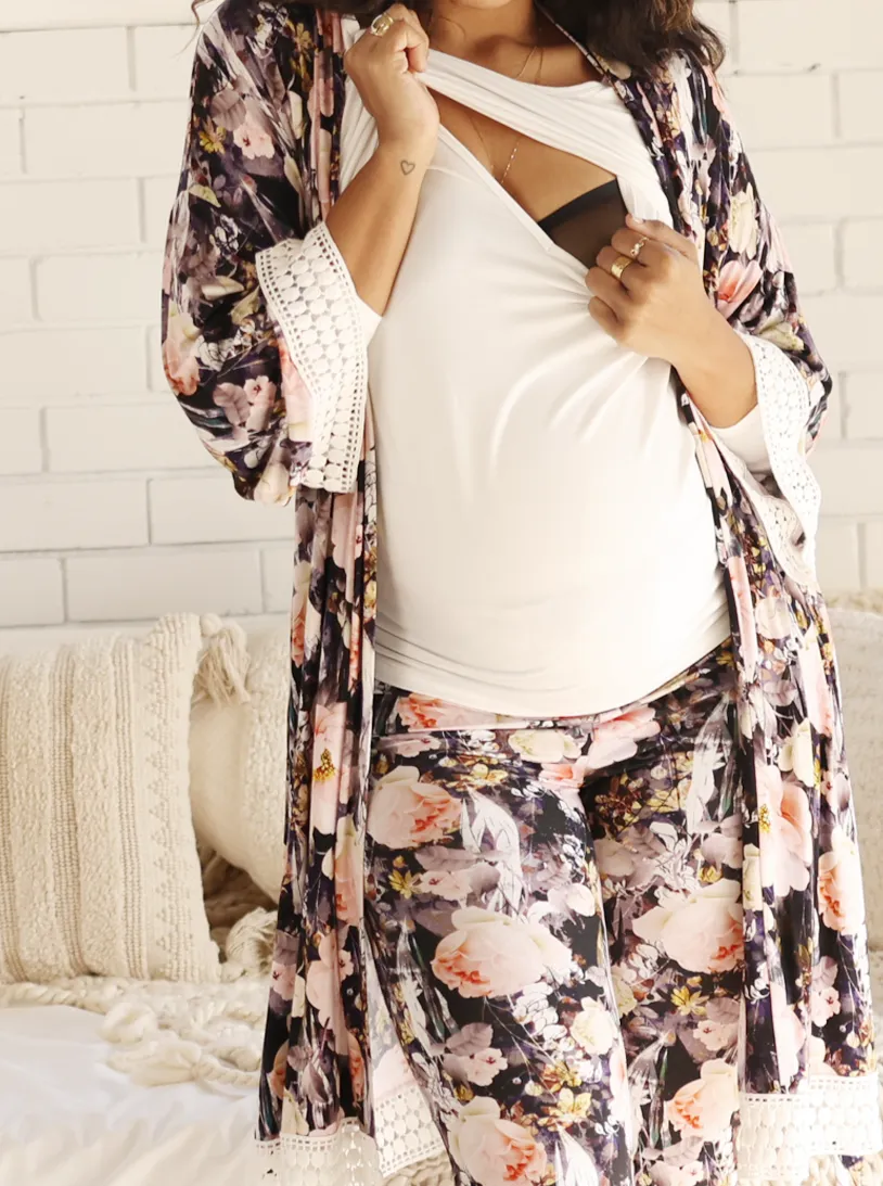 3-Piece Maternity Sleepwear Set - Floral/White