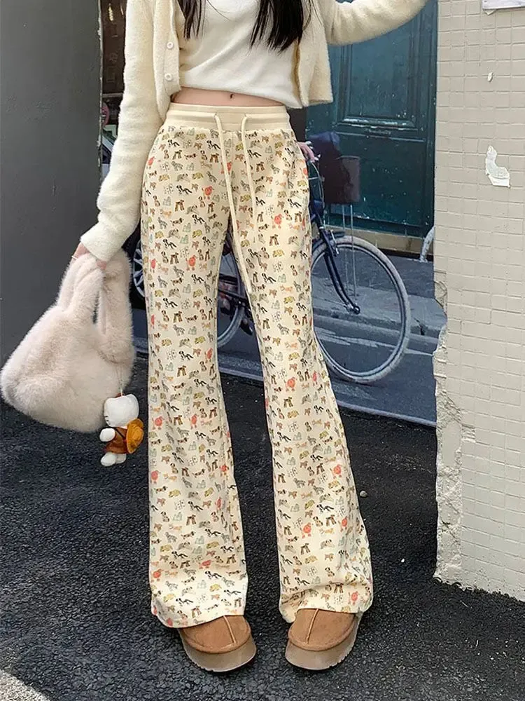 Advbridge -  Puppy Print Casual Sweat Y2k Pants Female Autumn Winter Plus Fleece High Waisted Slim Rope Flared Straight Leg Pants