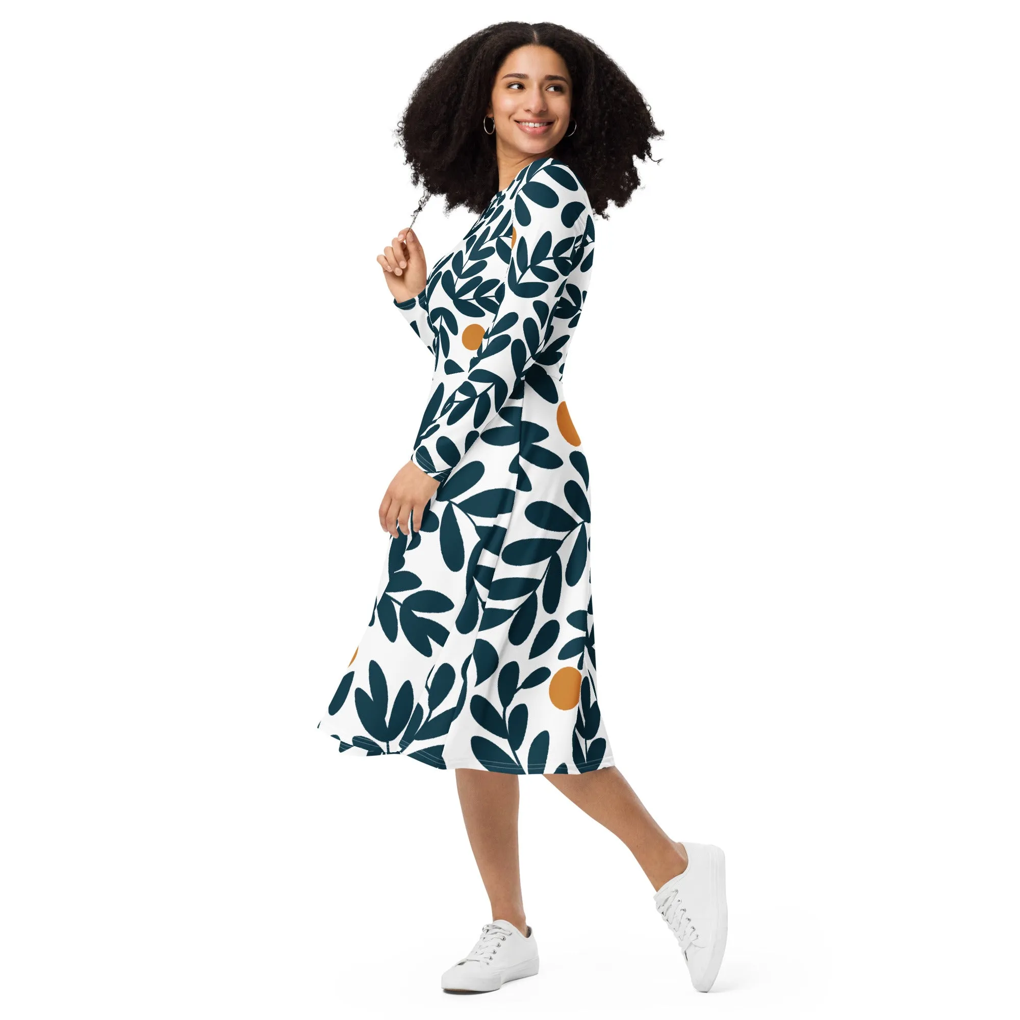 All-over print long sleeve midi dress