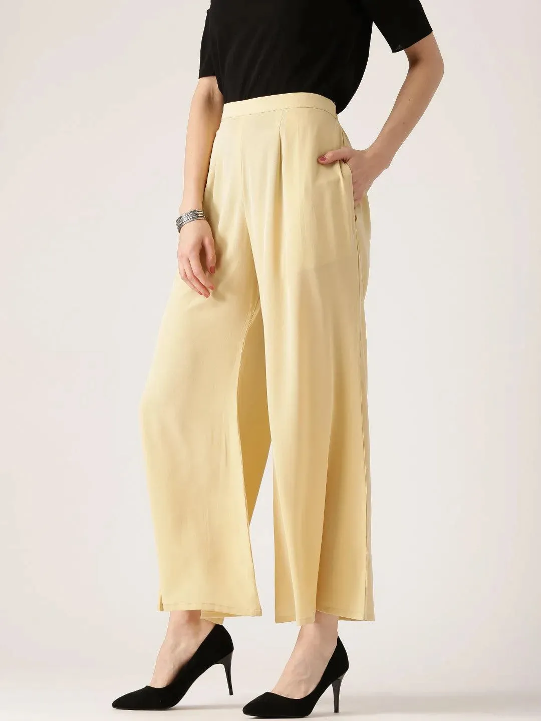 Beige Solid Crepe Palazzos