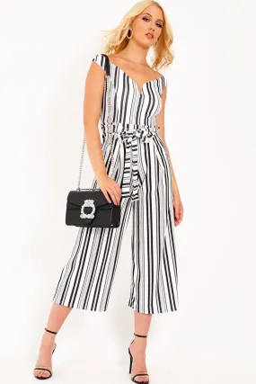 Black And White Stripe Bardot V Dip Jumpsuit - Lisah