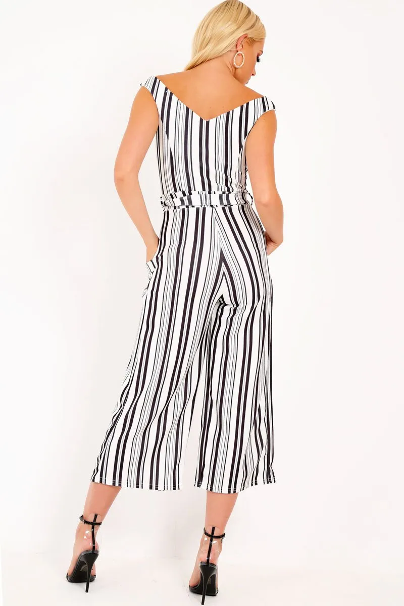 Black And White Stripe Bardot V Dip Jumpsuit - Lisah