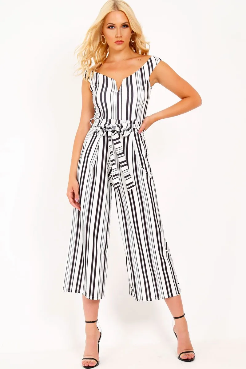 Black And White Stripe Bardot V Dip Jumpsuit - Lisah