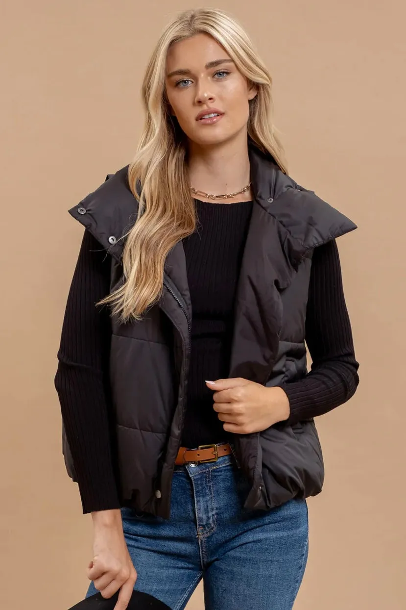 Black Asymmetrical Zip Up High Neck Puffer Vest