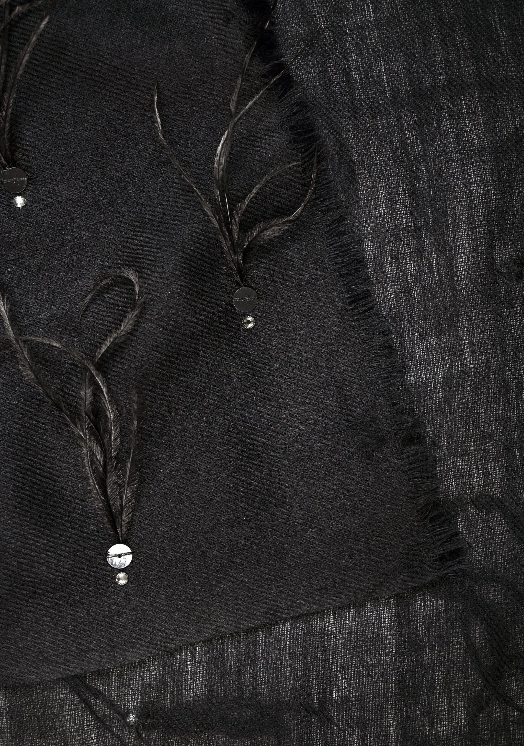 Black Cashmere Scarf with Black Ostrich Feathers and Silver Swarovski