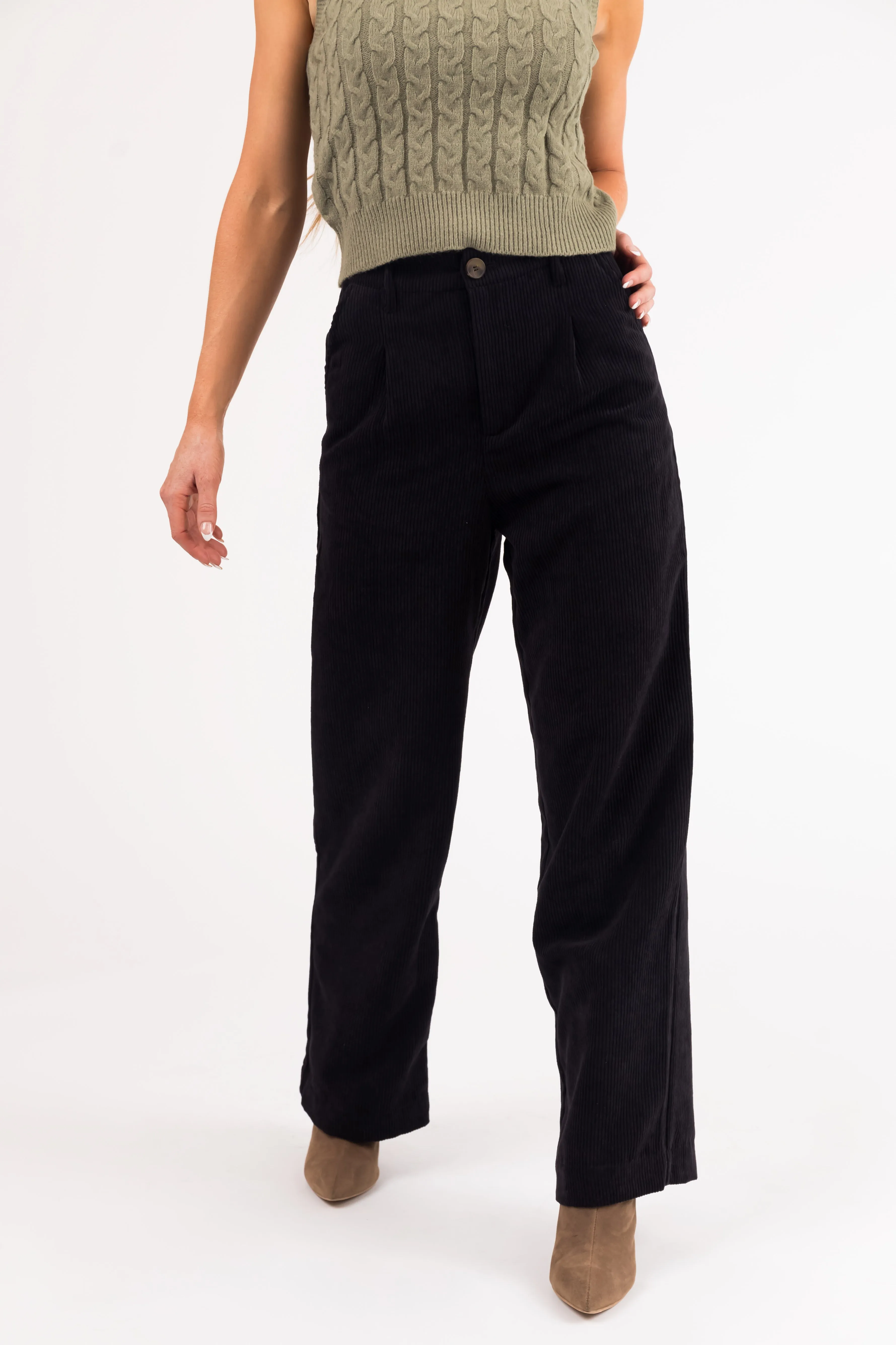 Black Corduroy Trouser Straight Leg Pants