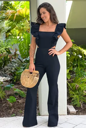 Black Denim Flared Jumpsuit With Ruffled Sleeves