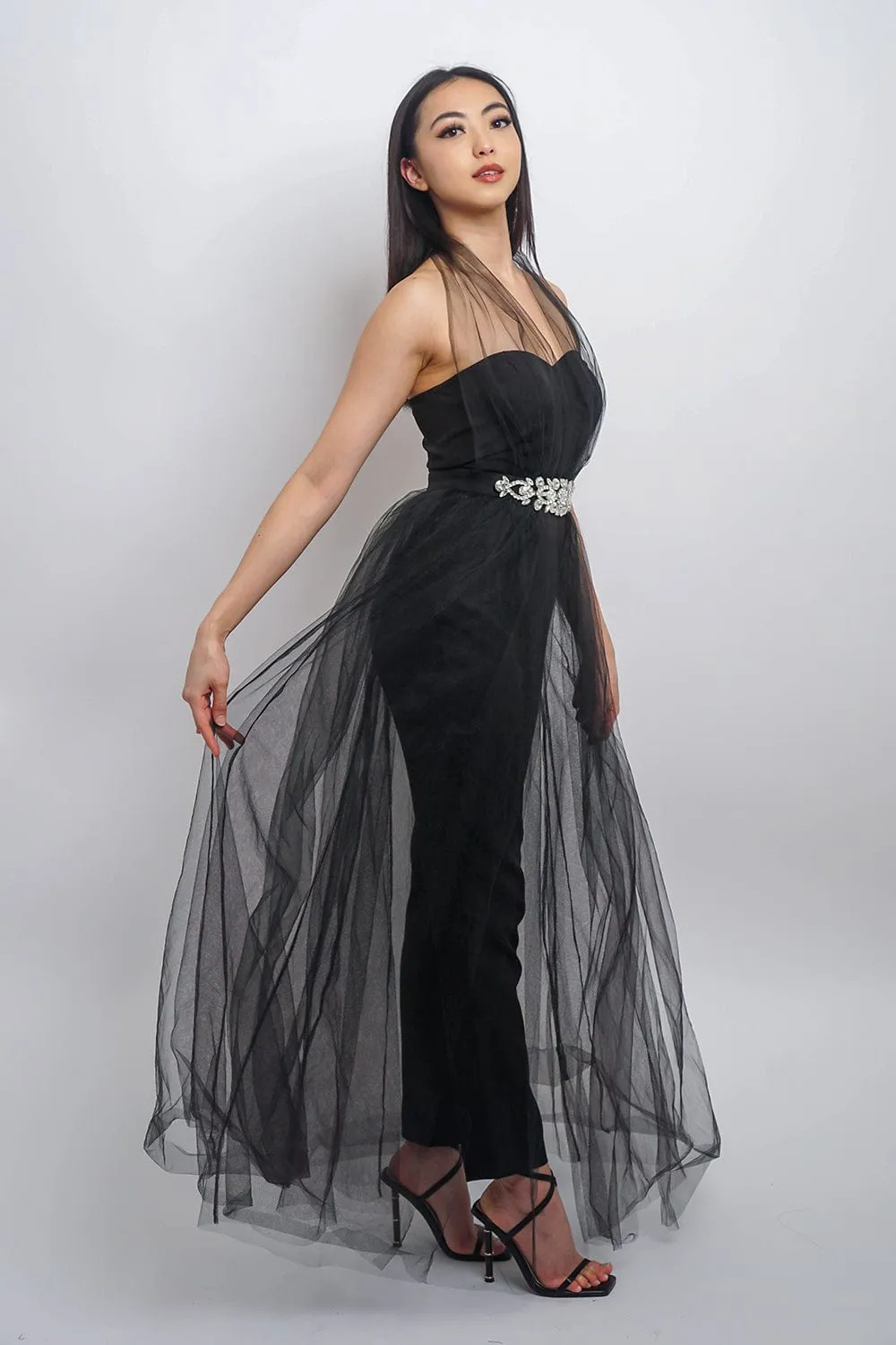 Black Tulle Jumpsuit with Crystals Belt