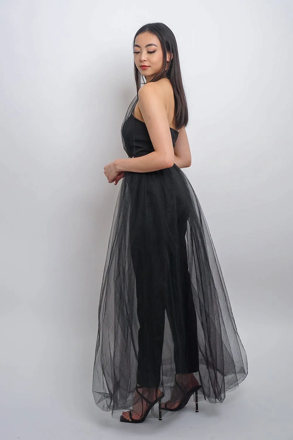 Black Tulle Jumpsuit with Crystals Belt