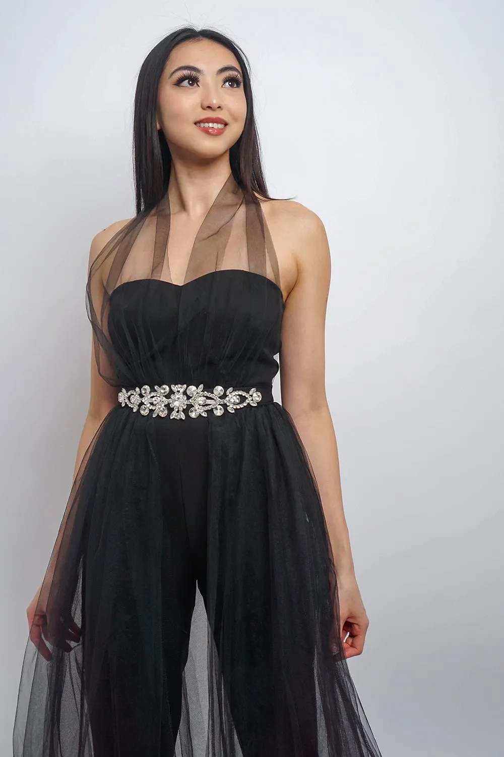 Black Tulle Jumpsuit with Crystals Belt