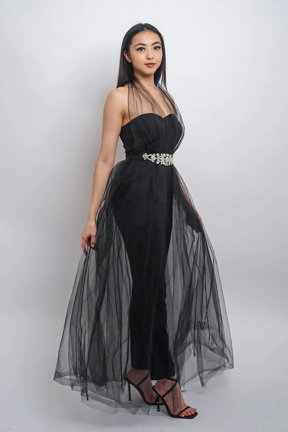 Black Tulle Jumpsuit with Crystals Belt