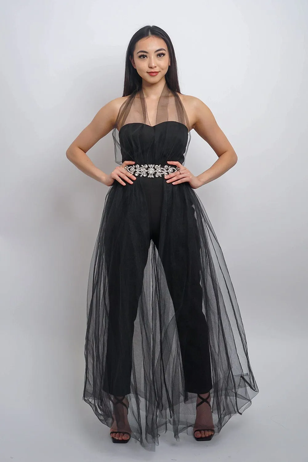 Black Tulle Jumpsuit with Crystals Belt