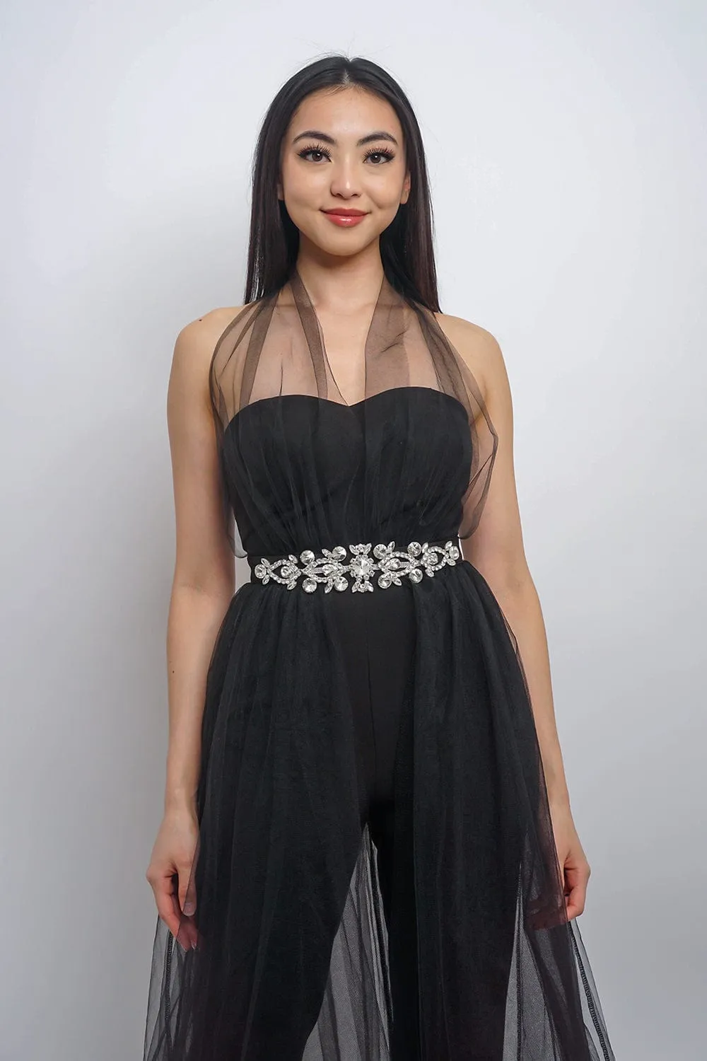 Black Tulle Jumpsuit with Crystals Belt