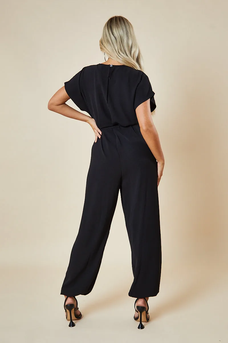 Black V-Neck Oversized Tie Detail Jumpsuit - Sammie