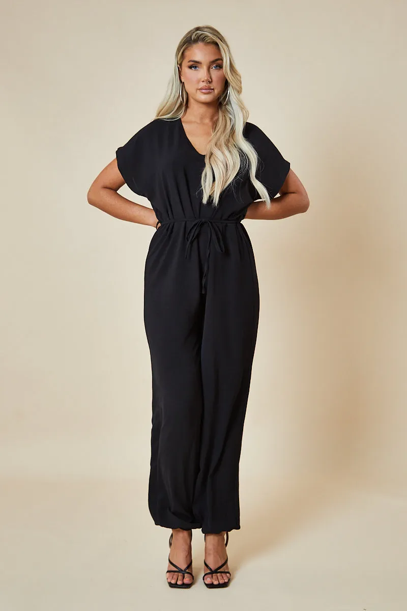 Black V-Neck Oversized Tie Detail Jumpsuit - Sammie