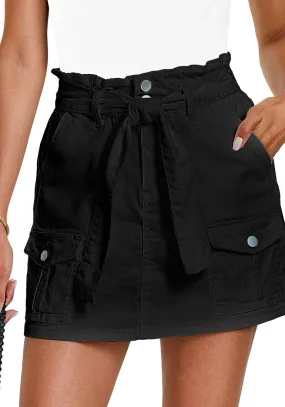 Black Women's High Waisted Denim Jean Skorts With Pocket Elastic PaperBag Waist Skorts