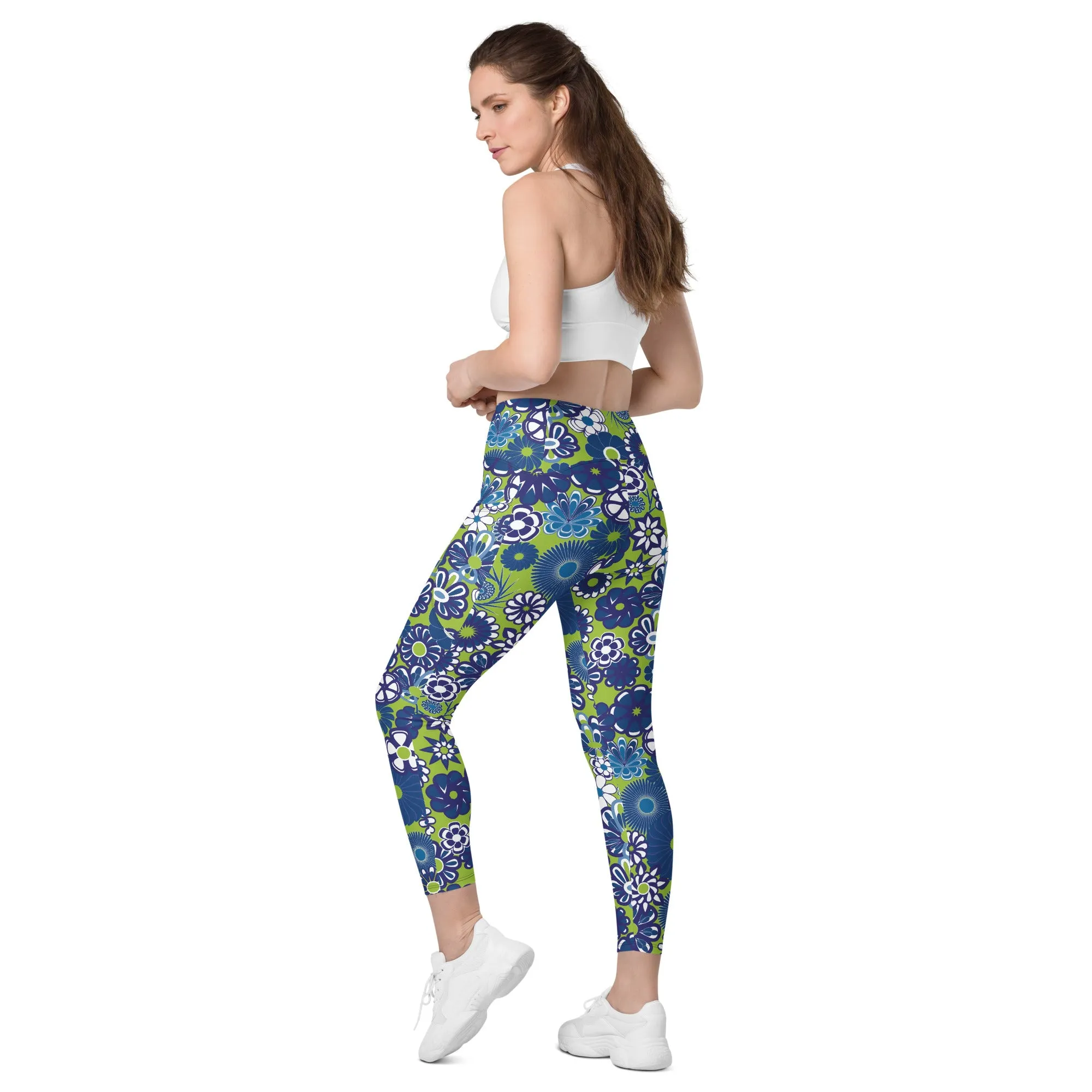 Blue Flowers on Lime Crossover waist leggings with pockets