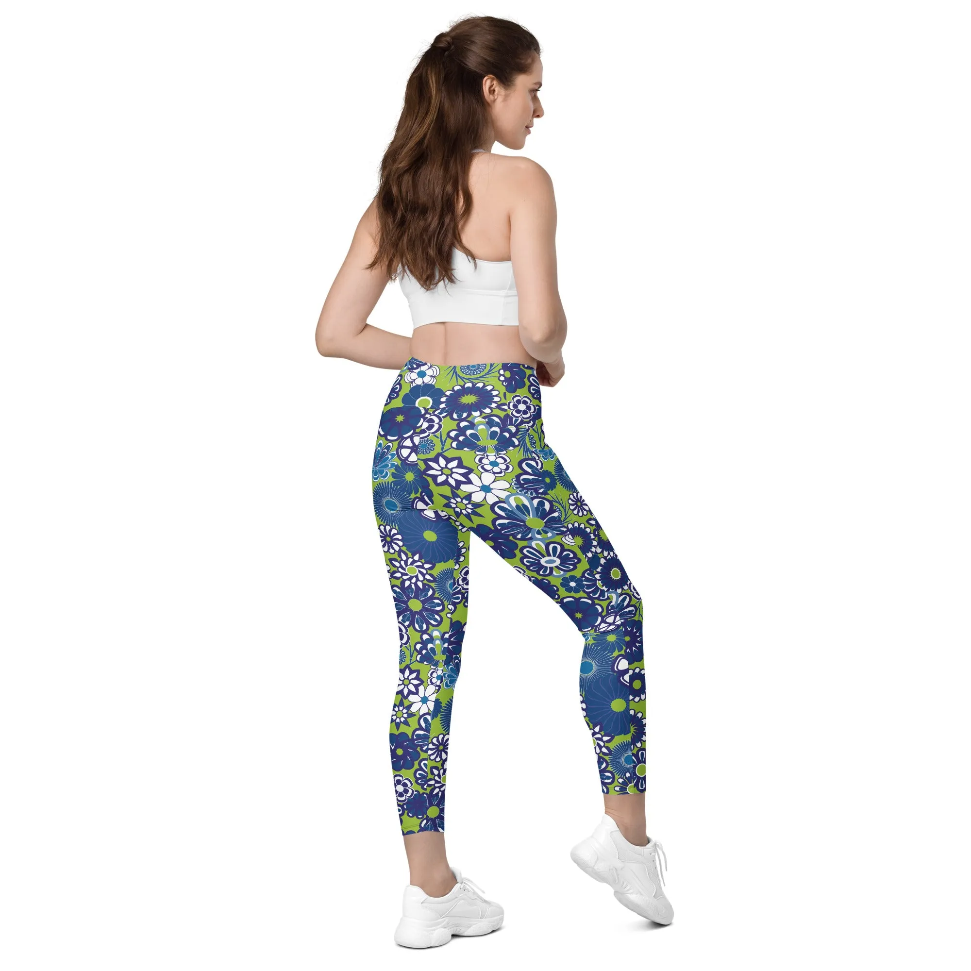 Blue Flowers on Lime Crossover waist leggings with pockets