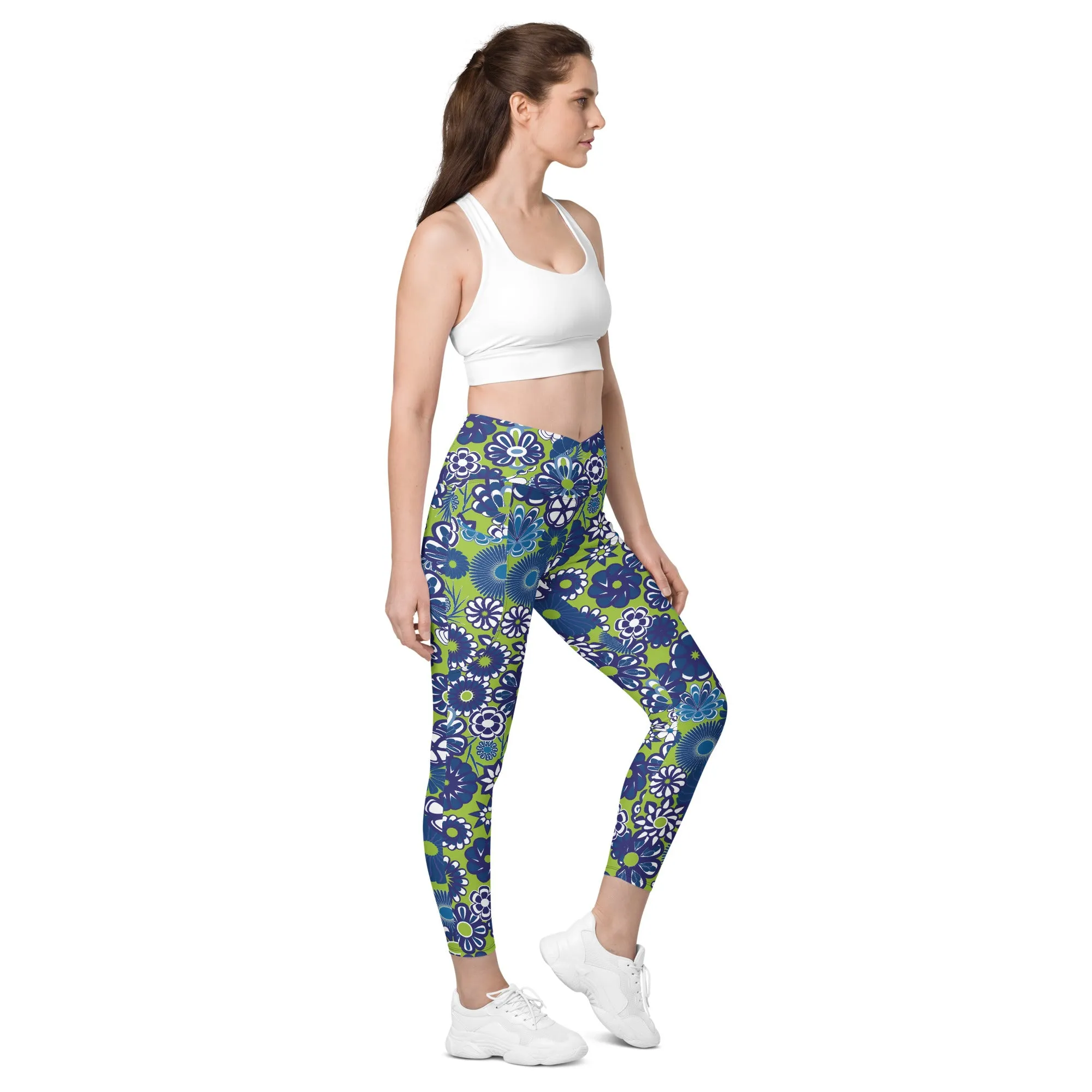 Blue Flowers on Lime Crossover waist leggings with pockets