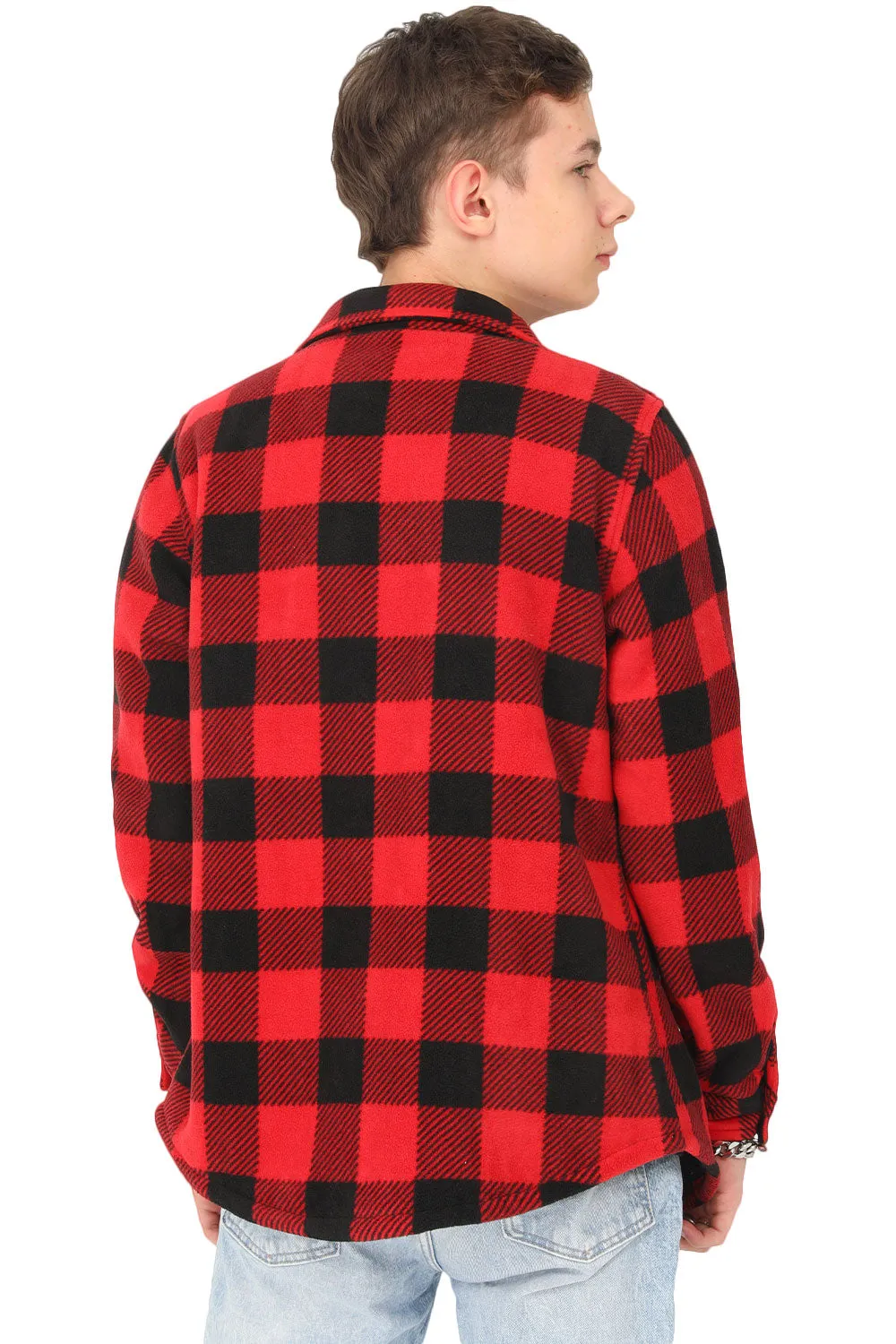 Boys Sherpa Lined Buffalo Plaid Fleece Button Down Shirt Jacket-Kids