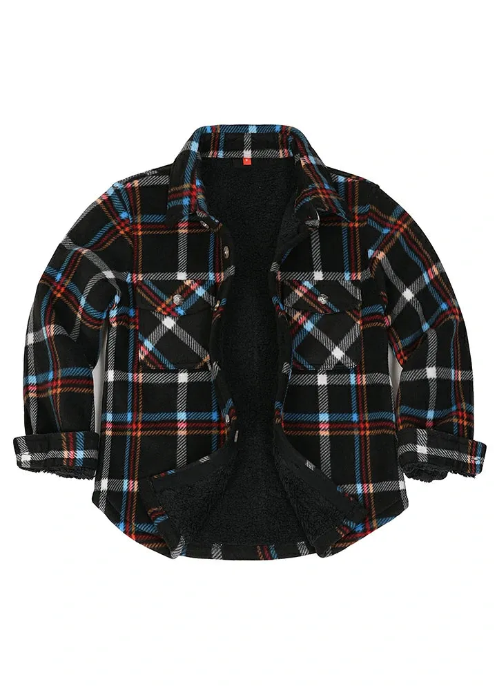 Boys Sherpa Lined Buffalo Plaid Fleece Button Down Shirt Jacket-Kids