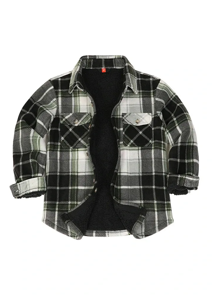 Boys Sherpa Lined Buffalo Plaid Fleece Button Down Shirt Jacket-Kids