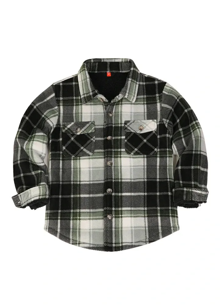 Boys Sherpa Lined Buffalo Plaid Fleece Button Down Shirt Jacket-Kids