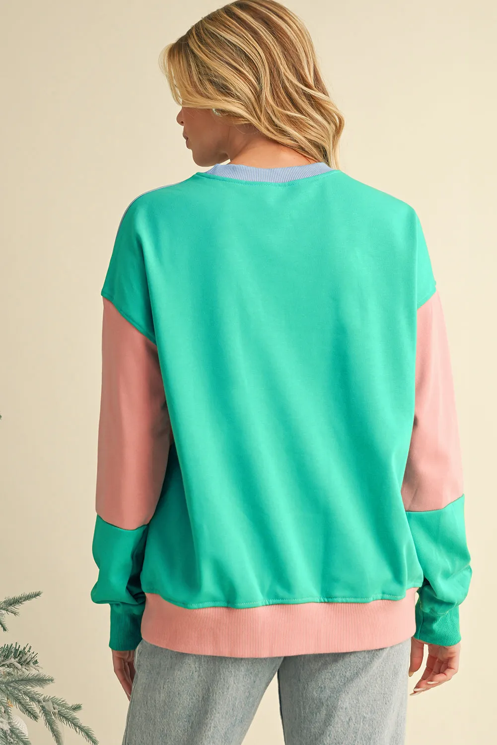 Bright Pink Colorblock Drop Shoulder Sweatshirt