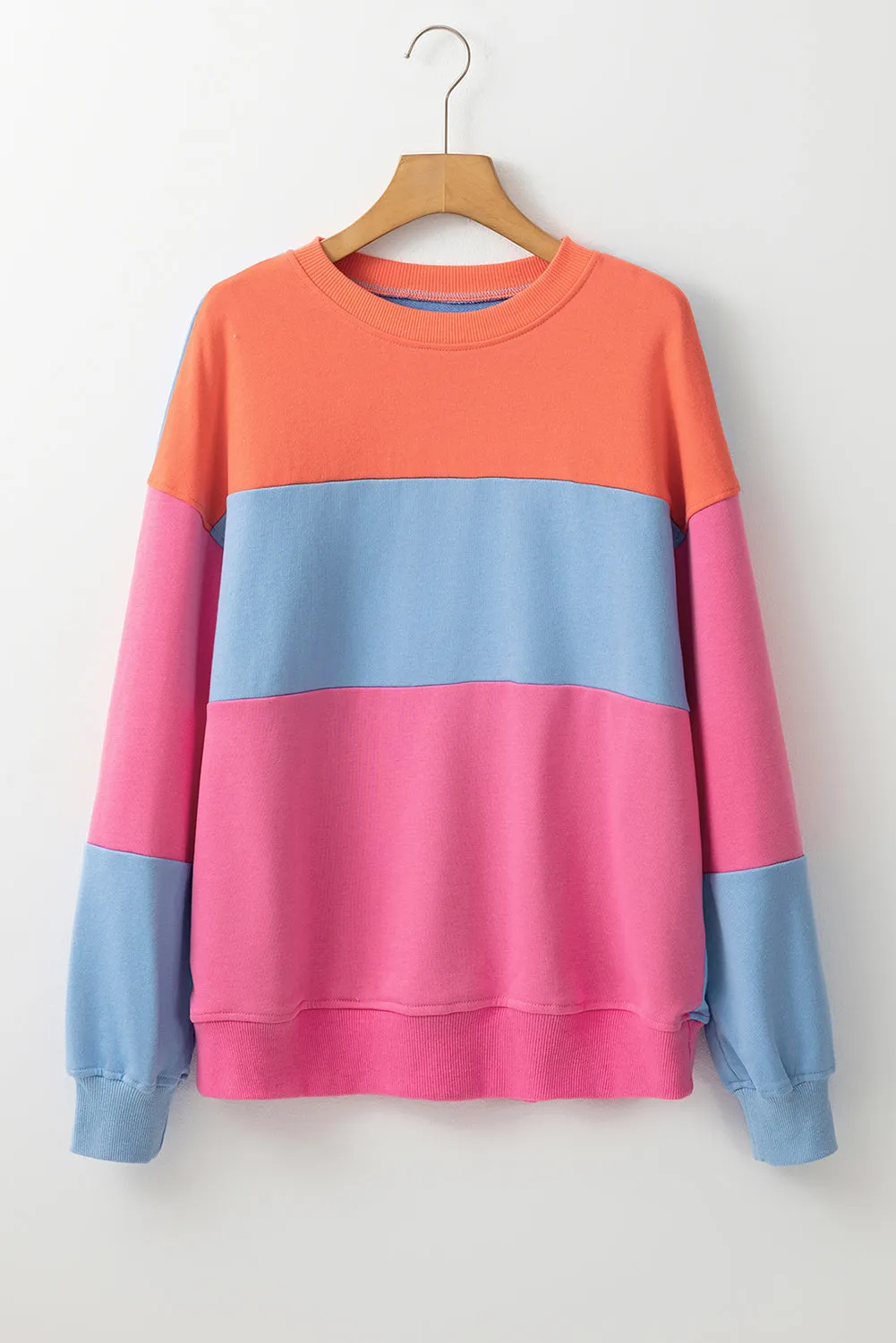 Bright Pink Colorblock Drop Shoulder Sweatshirt