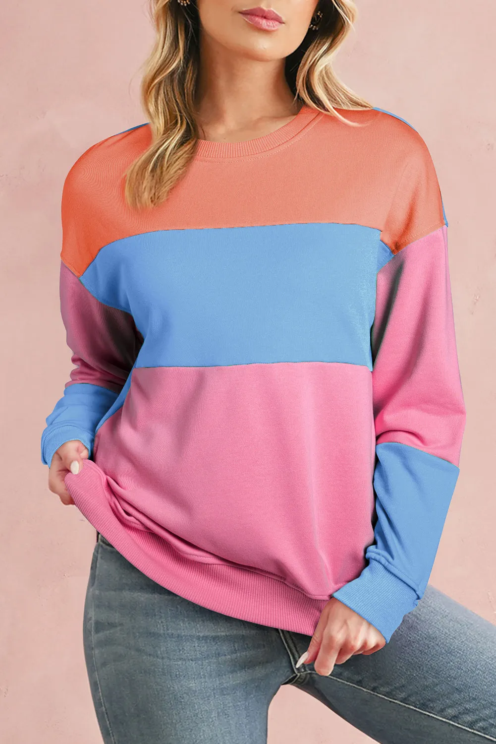 Bright Pink Colorblock Drop Shoulder Sweatshirt