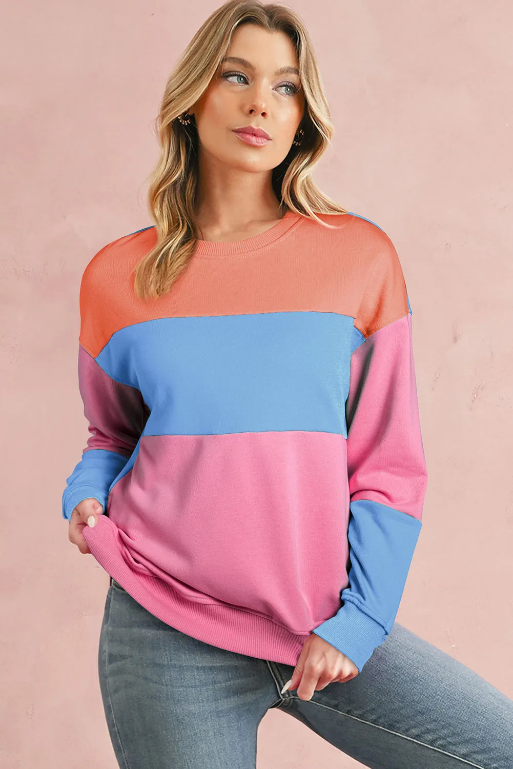 Bright Pink Colorblock Drop Shoulder Sweatshirt