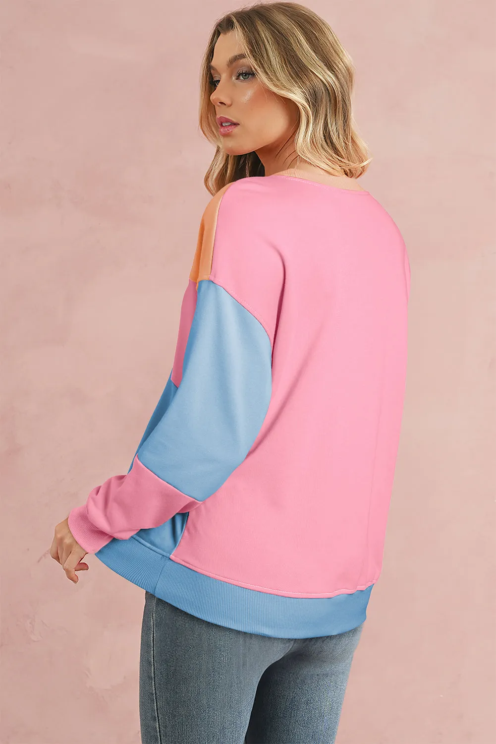 Bright Pink Colorblock Drop Shoulder Sweatshirt