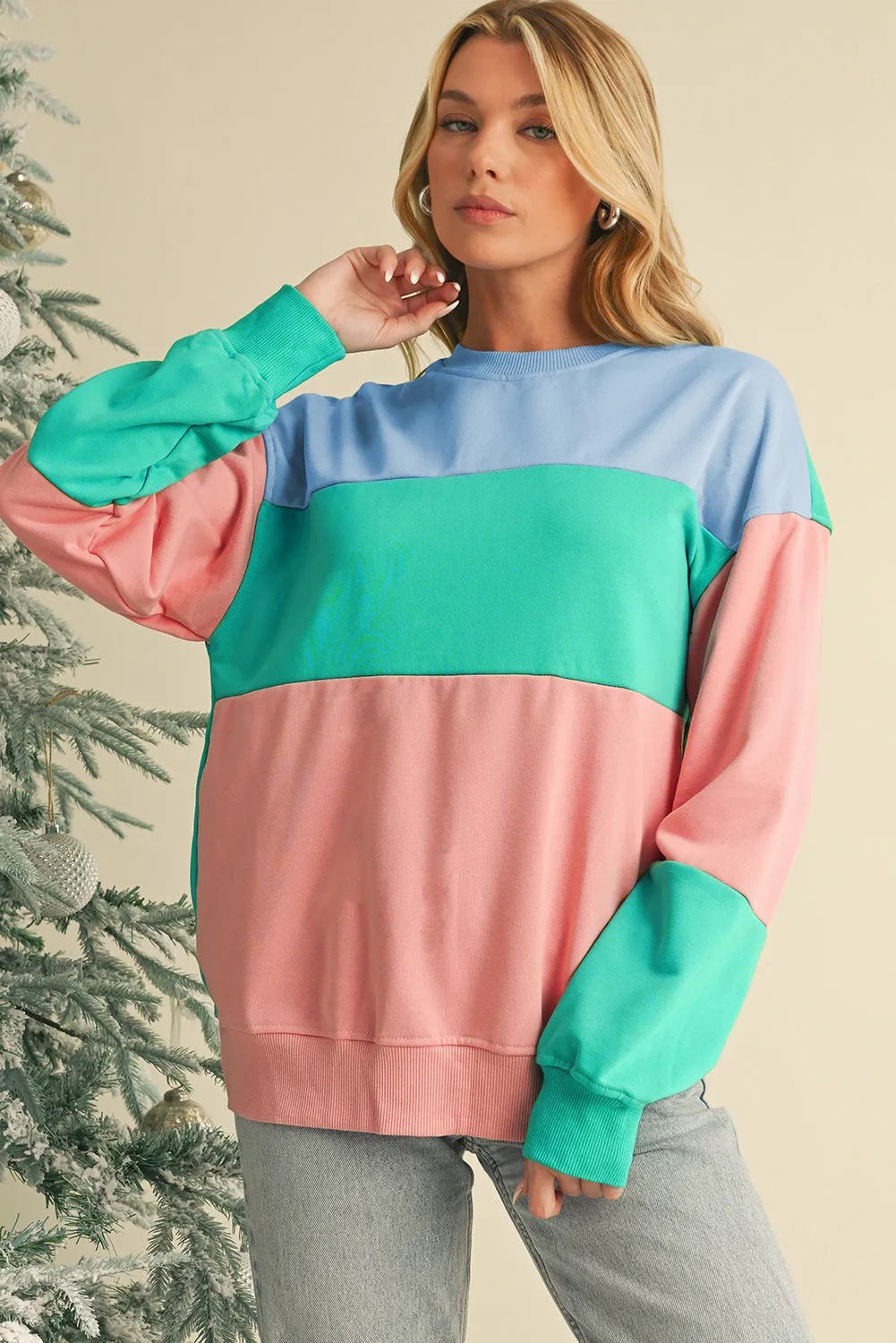 Bright Pink Colorblock Drop Shoulder Sweatshirt