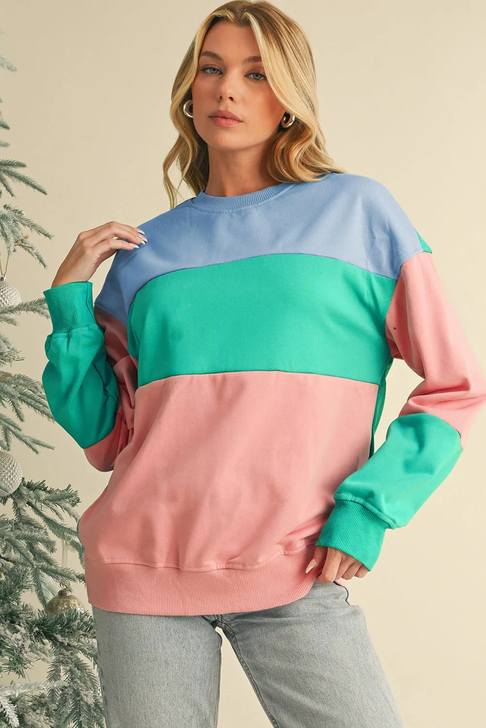 Bright Pink Colorblock Drop Shoulder Sweatshirt