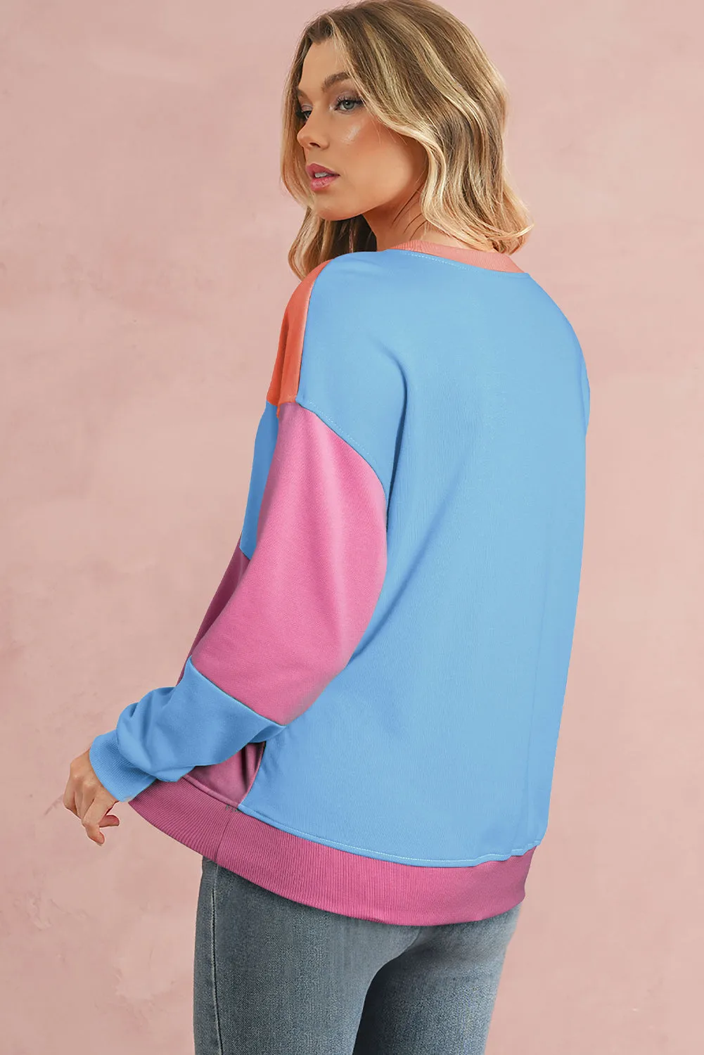 Bright Pink Colorblock Drop Shoulder Sweatshirt