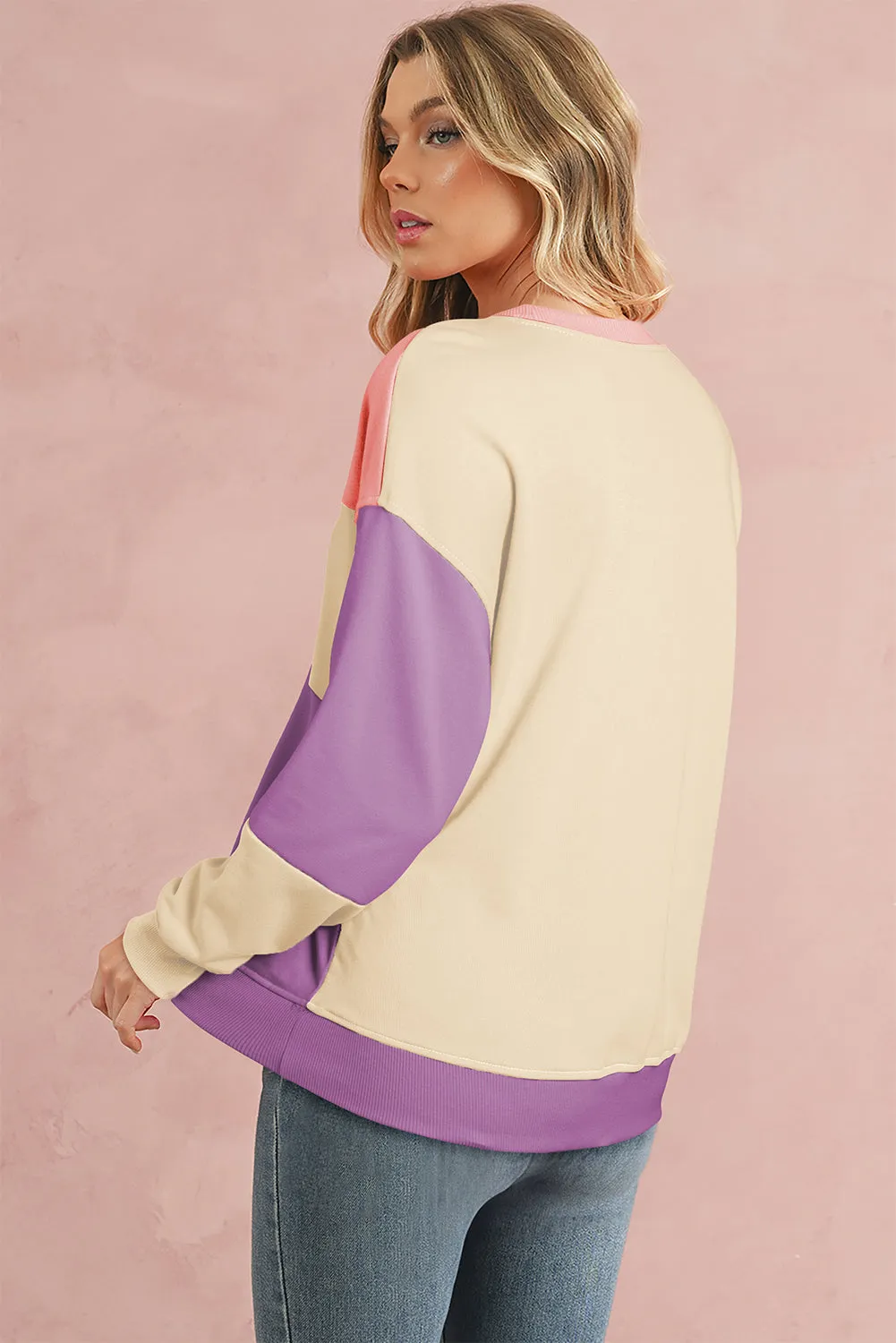 Bright Pink Colorblock Drop Shoulder Sweatshirt