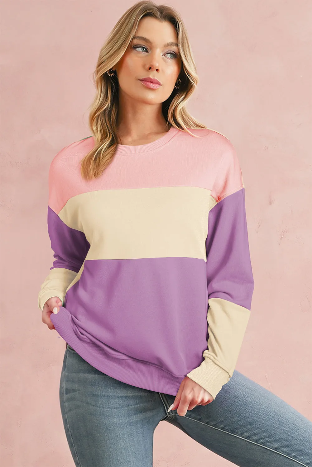 Bright Pink Colorblock Drop Shoulder Sweatshirt