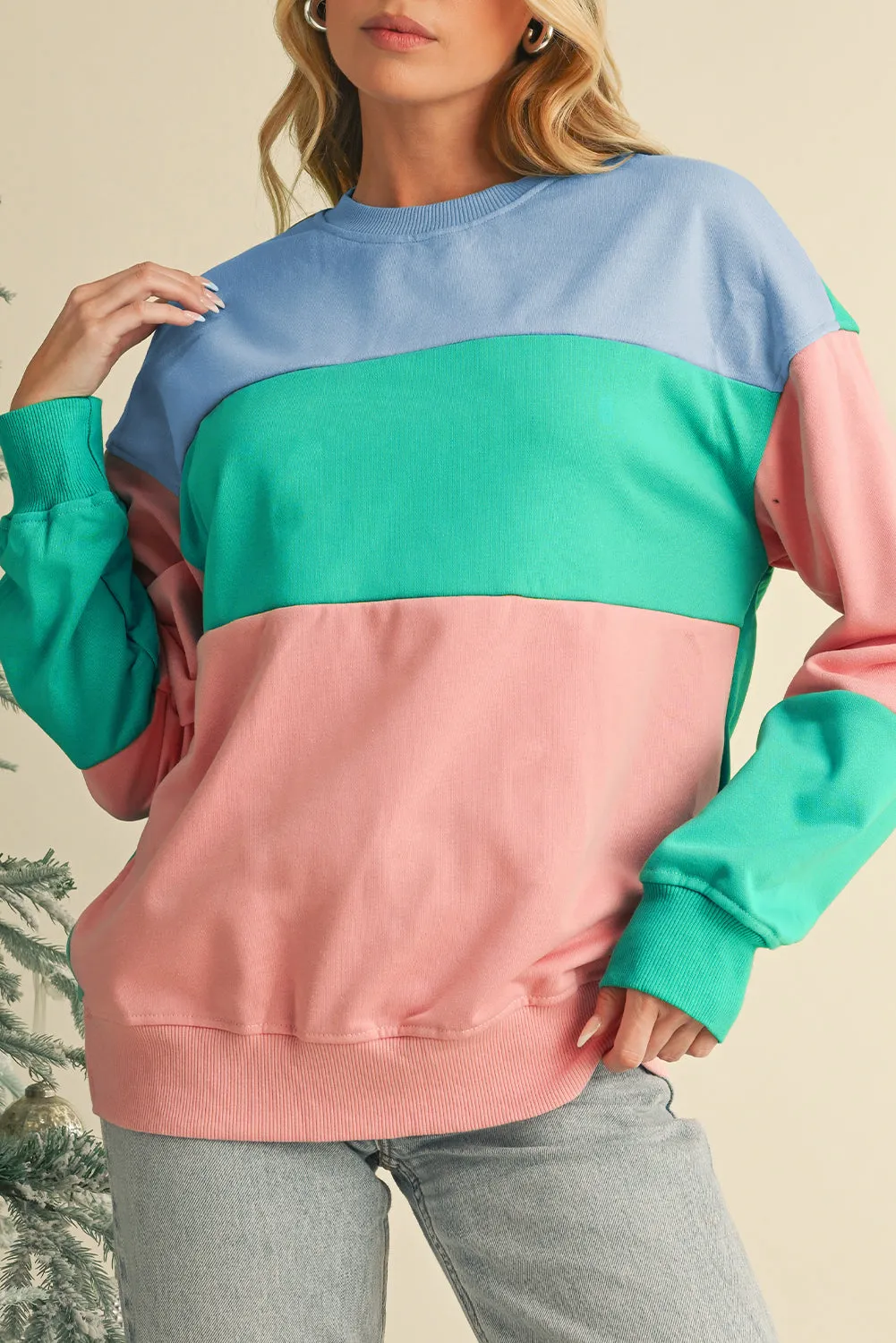 Bright Pink Colorblock Drop Shoulder Sweatshirt