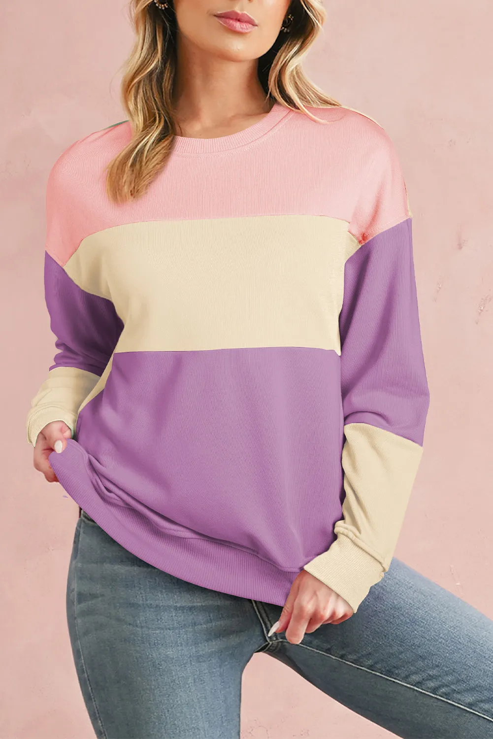 Bright Pink Colorblock Drop Shoulder Sweatshirt