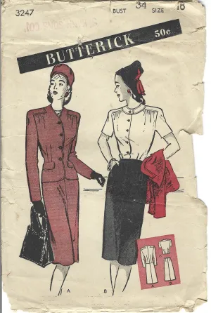 Butterick 3247 Ladies Suit Jacket Skirt Blouse Vintage Sewing Pattern 1940s Unprinted