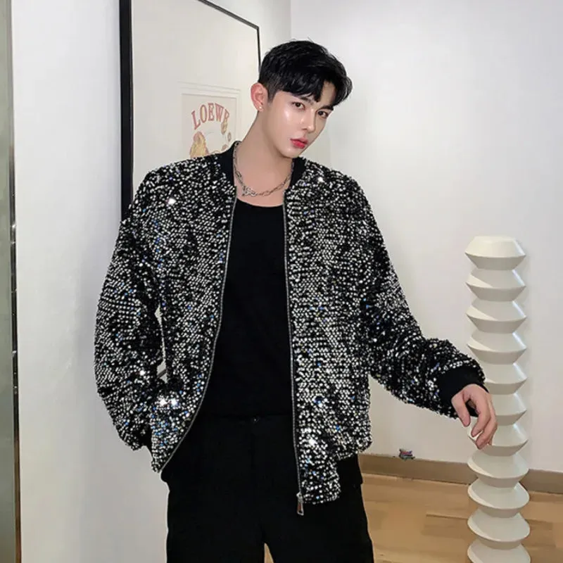 Casual Sequin men coat long sleeve lapel jacket korean fashion long sleeve zipper temperament male tops