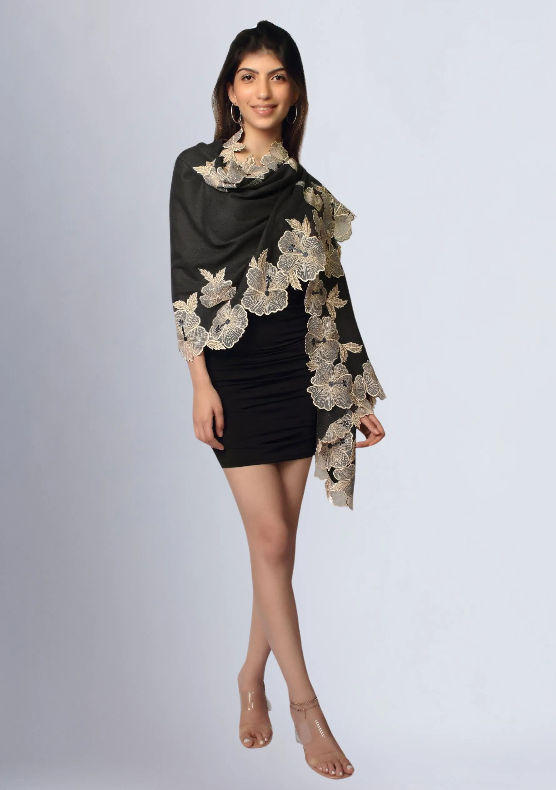 Charcoal Cashmere Scarf with Beige Hibiscus Floral Embroidery Border