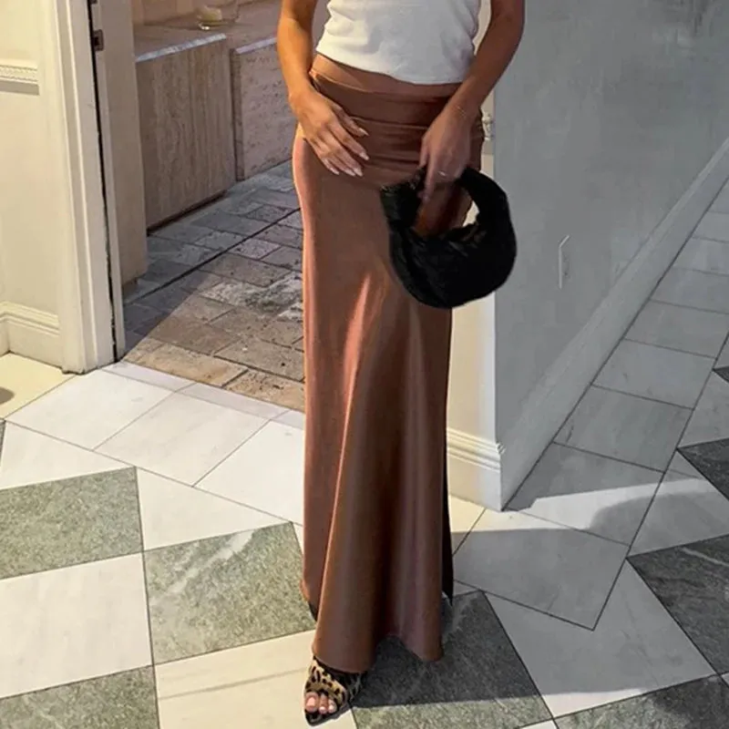 Chic Elegant Brown Low Waist Long Skirt Female Summer Side Split Solid Basic Fashion Satin Skirts Party Maxi Outfits