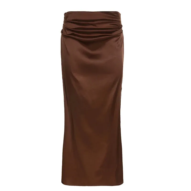 Chic Elegant Brown Low Waist Long Skirt Female Summer Side Split Solid Basic Fashion Satin Skirts Party Maxi Outfits