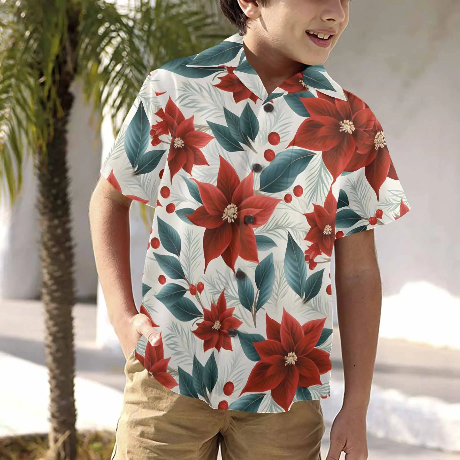 Christmas Red Poinsettia  Little Boys Hawaiian Shirt