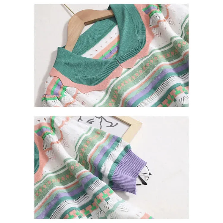 Colorblock Hollow Out Doll Collar T-shirt Skirt Two Piece Set