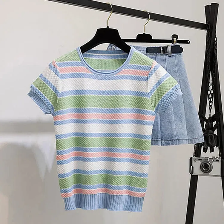 Colorblock Striped Round Neck Knitted T-Shirt Pleated Denim Skirt