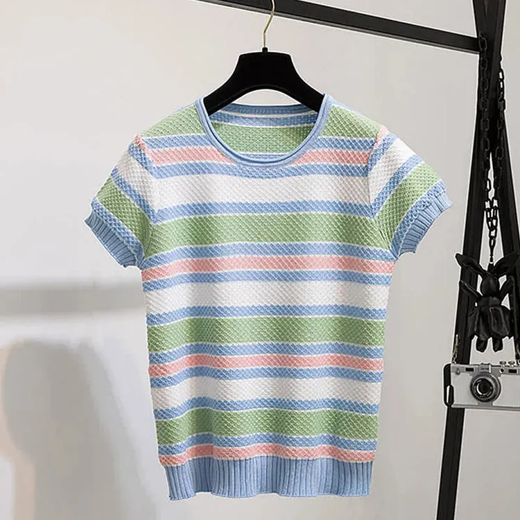 Colorblock Striped Round Neck Knitted T-Shirt Pleated Denim Skirt